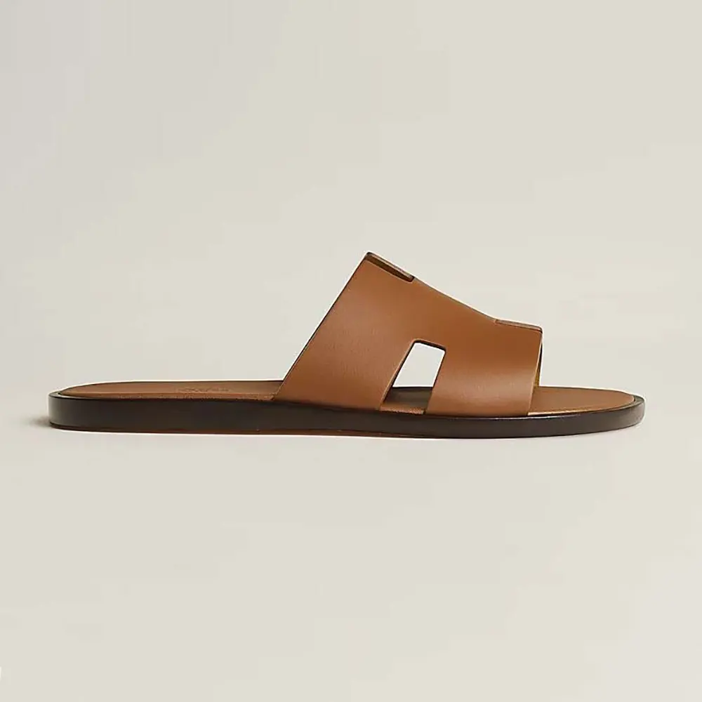 Side view of Hermes Unisex Izmir Sandal-Brown leather straps