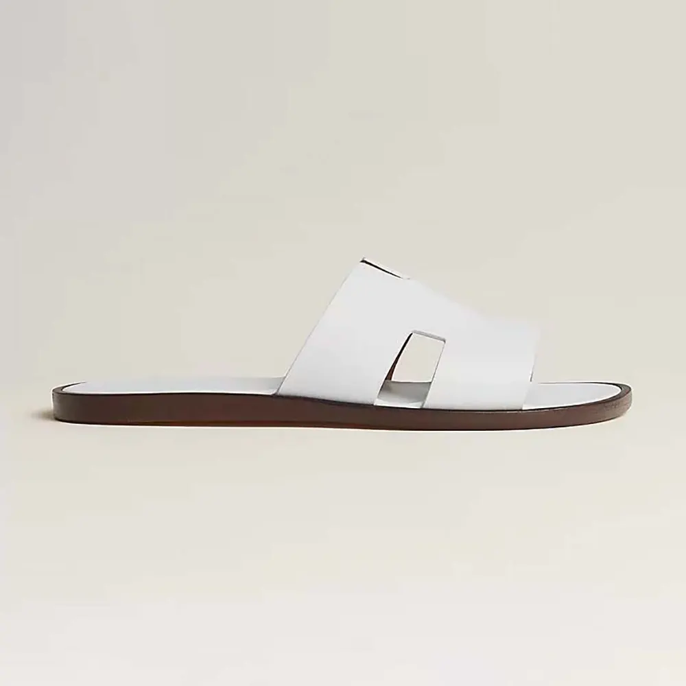 Side view of Hermes Unisex Izmir Sandal-White showing leather strap