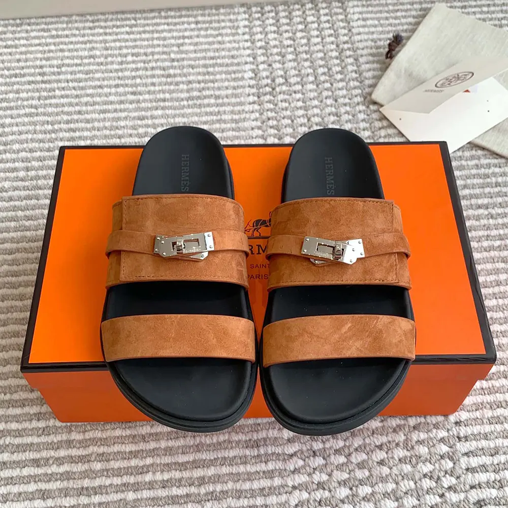 Overhead view highlighting Hermes H cutout on Jackson Sandal-Brown