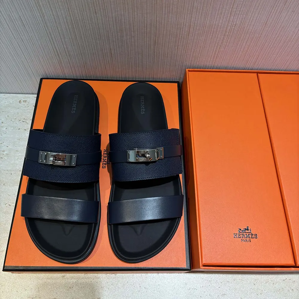 Overhead detail of navy calfskin leather on Hermes Unisex Jackson Sandal-Navy
