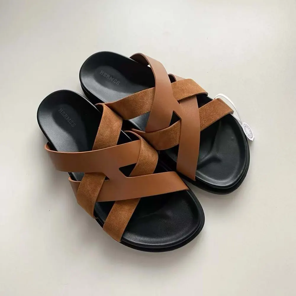 Top view of Hermes Unisex Kazimir Sandal-Brown highlighting open-toe design