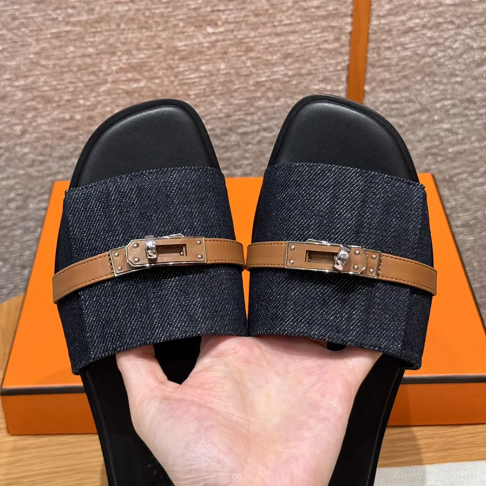 Top-down angle of Hermes Women Giulia Sandal-Navy highlighting slip-on silhouette
