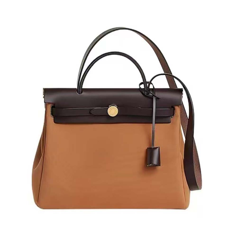 Front angle of Hermes Women Herbag Zip 31 Bag-Brown/Black showing zip closure detail
