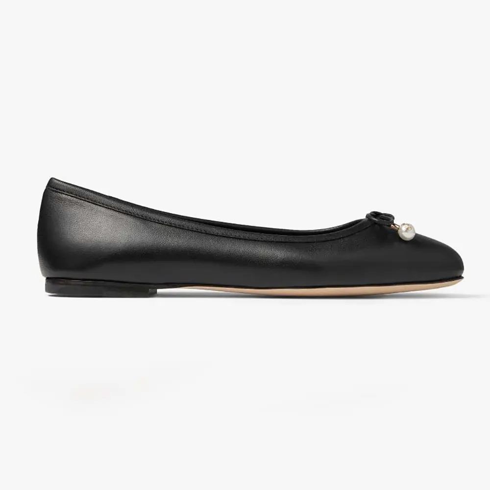 Side view of Jimmy Choo Women Elme Flat Black Nappa Leather Flats with Pearl Embellishment