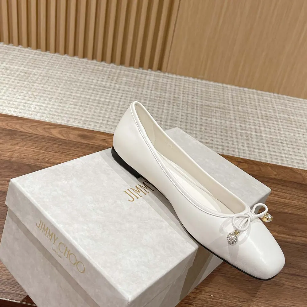 Jimmy Choo Women Elme Flat Latte Nappa Leather Flats with Pearl Embellishment - image 5