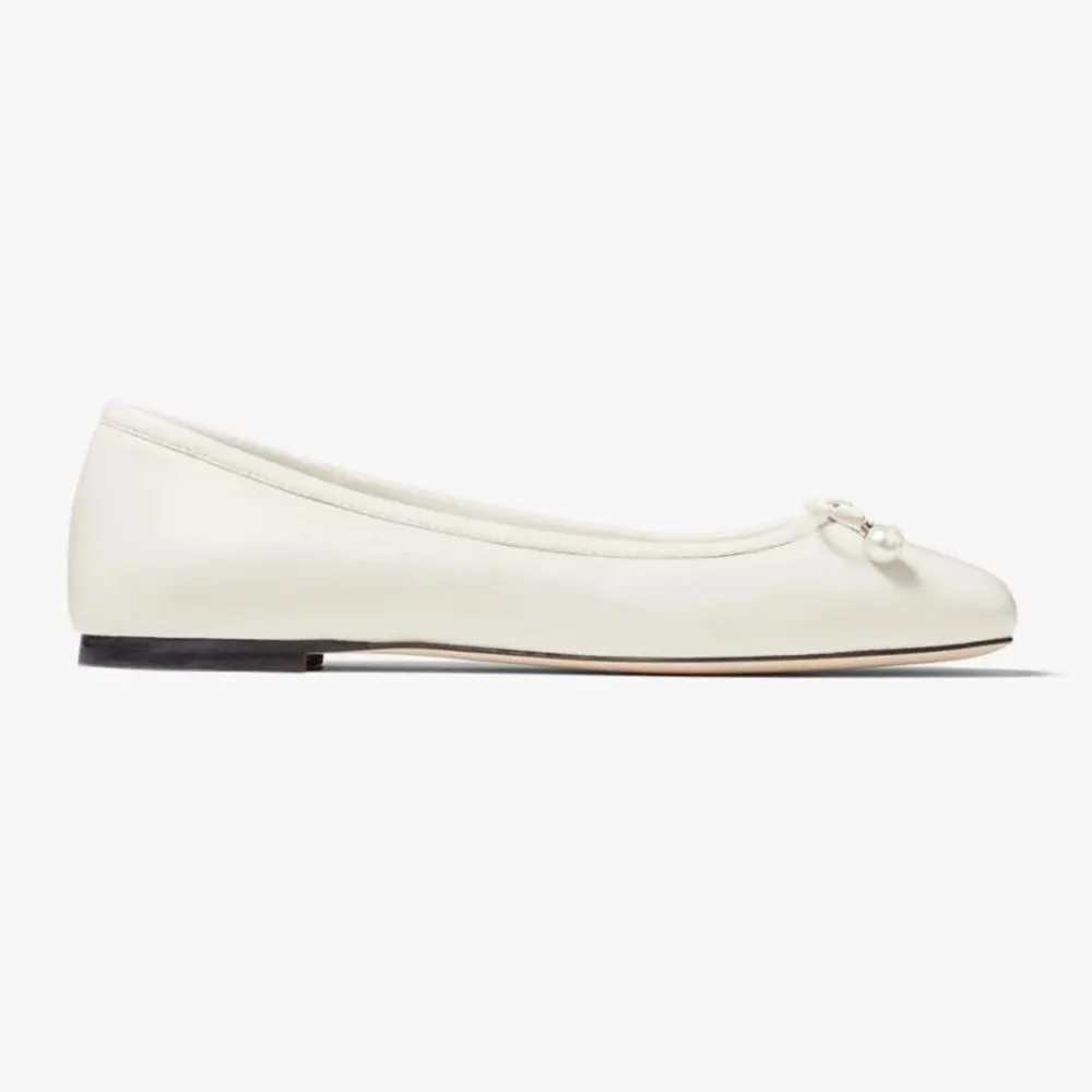 Front angle of Jimmy Choo Women Elme Flat Latte Nappa Leather Flats with Pearl Embellishment