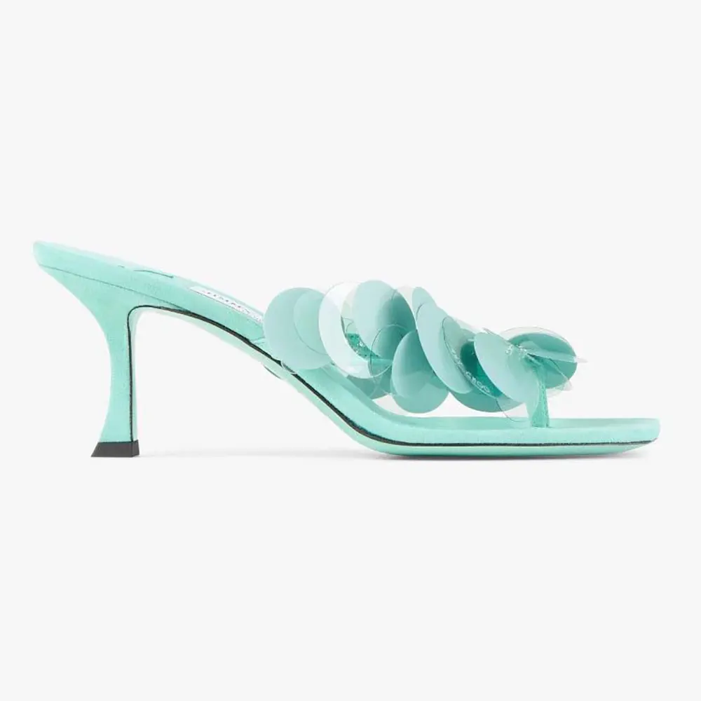 Side view of Jimmy Choo Women Freja 70 Aqua Green Suede Paillette Sandals