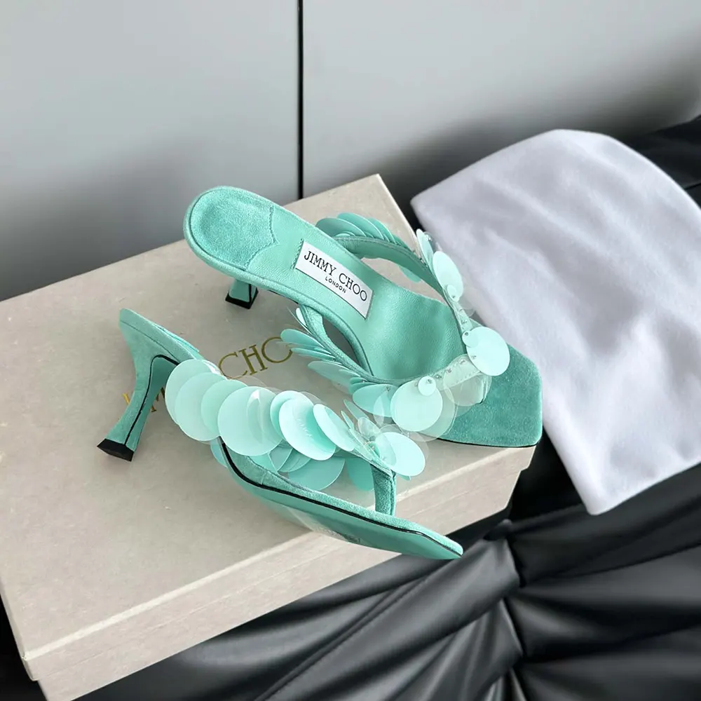 Jimmy Choo Women Freja 70 Aqua Green Suede Paillette Sandals - image 7