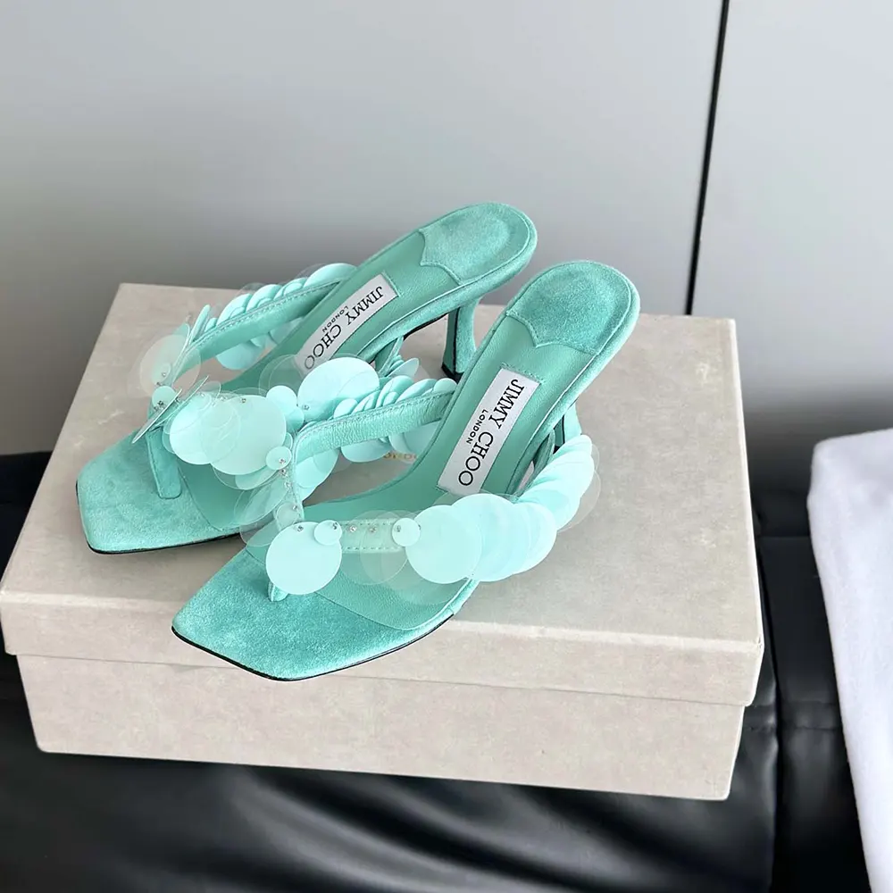 Jimmy Choo Women Freja 70 Aqua Green Suede Paillette Sandals - image 4