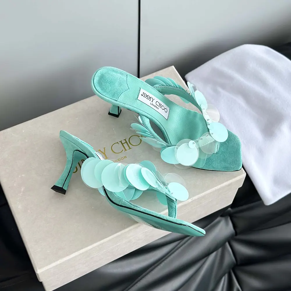 Jimmy Choo Women Freja 70 Aqua Green Suede Paillette Sandals - image 8
