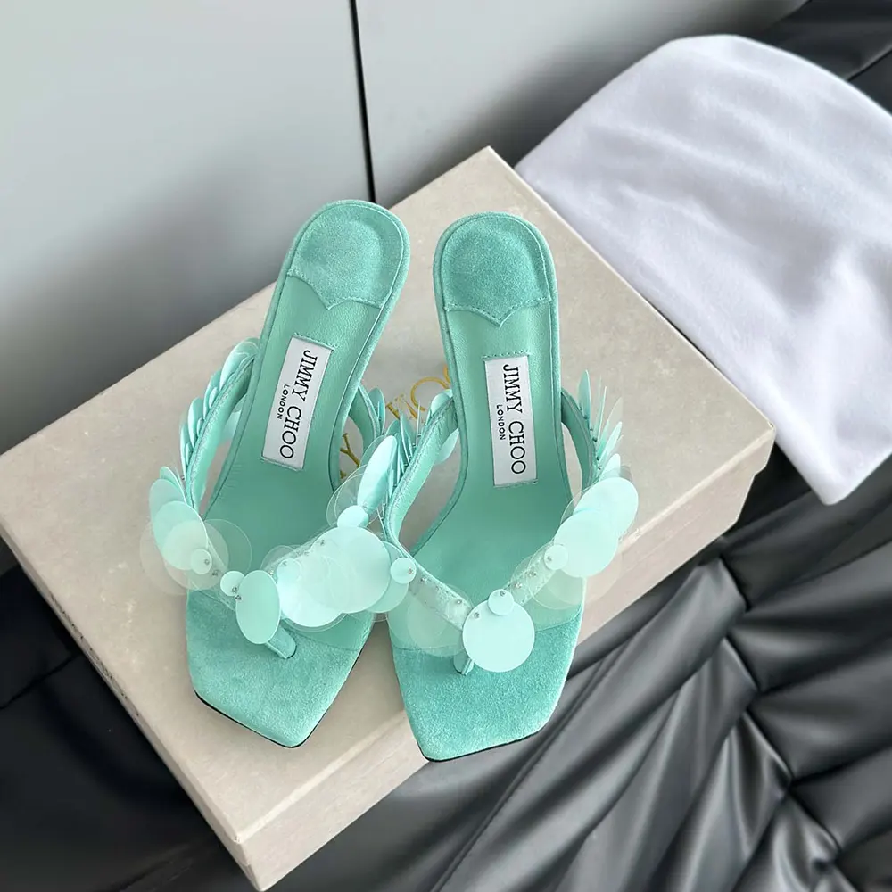 Jimmy Choo Women Freja 70 Aqua Green Suede Paillette Sandals - image 6