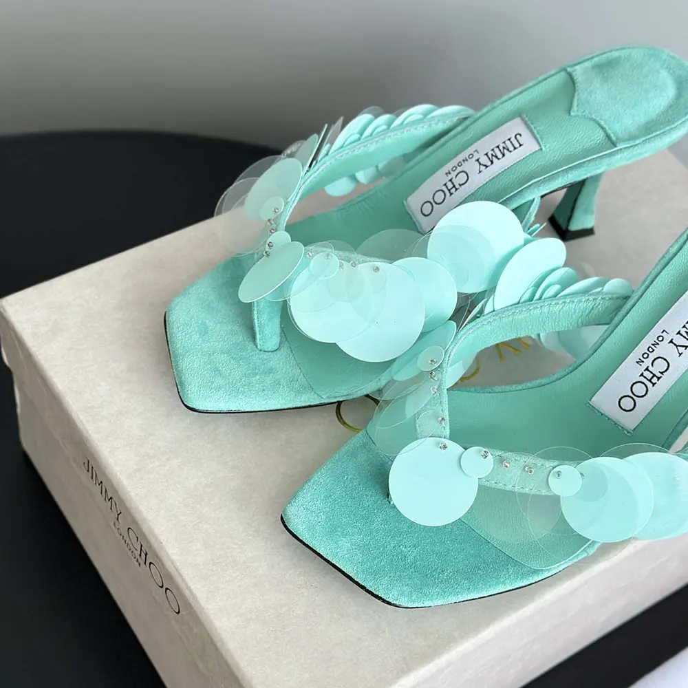 Jimmy Choo Women Freja 70 Aqua Green Suede Paillette Sandals - image 9