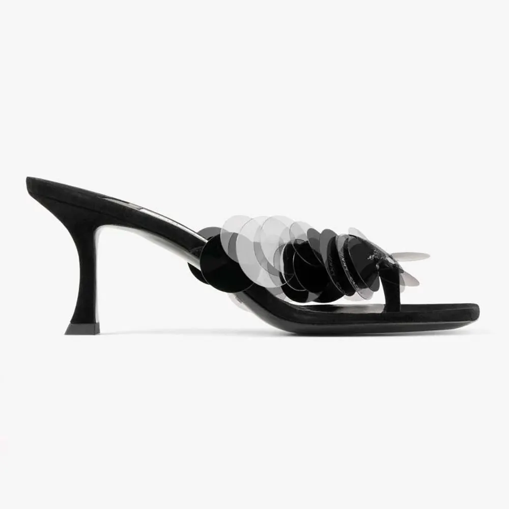 Side view of Jimmy Choo Women Freja 70 Black Suede Paillette Sandals showing heel and ankle strap