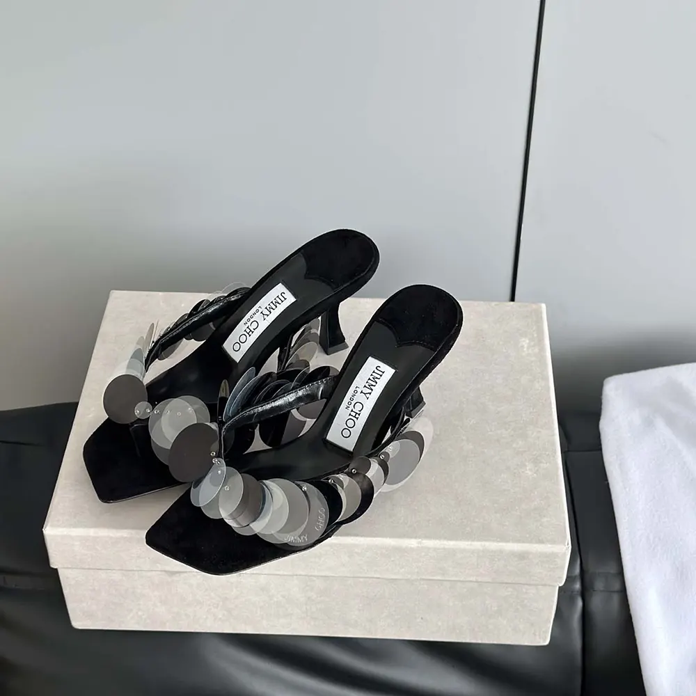 Top view displaying cushioned insole and satin finish of Jimmy Choo Women Freja 70 Black Suede Paillette Sandals