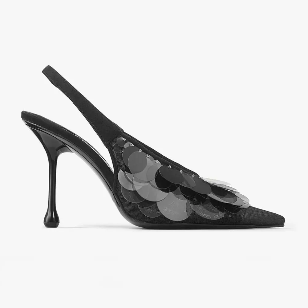Side profile of Jimmy Choo Women Isa 95 Black Mesh Paillette Pumps