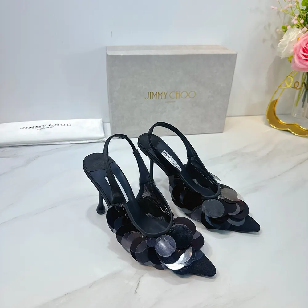 Rear view showing 95mm heel of Jimmy Choo Women Isa 95 pumps