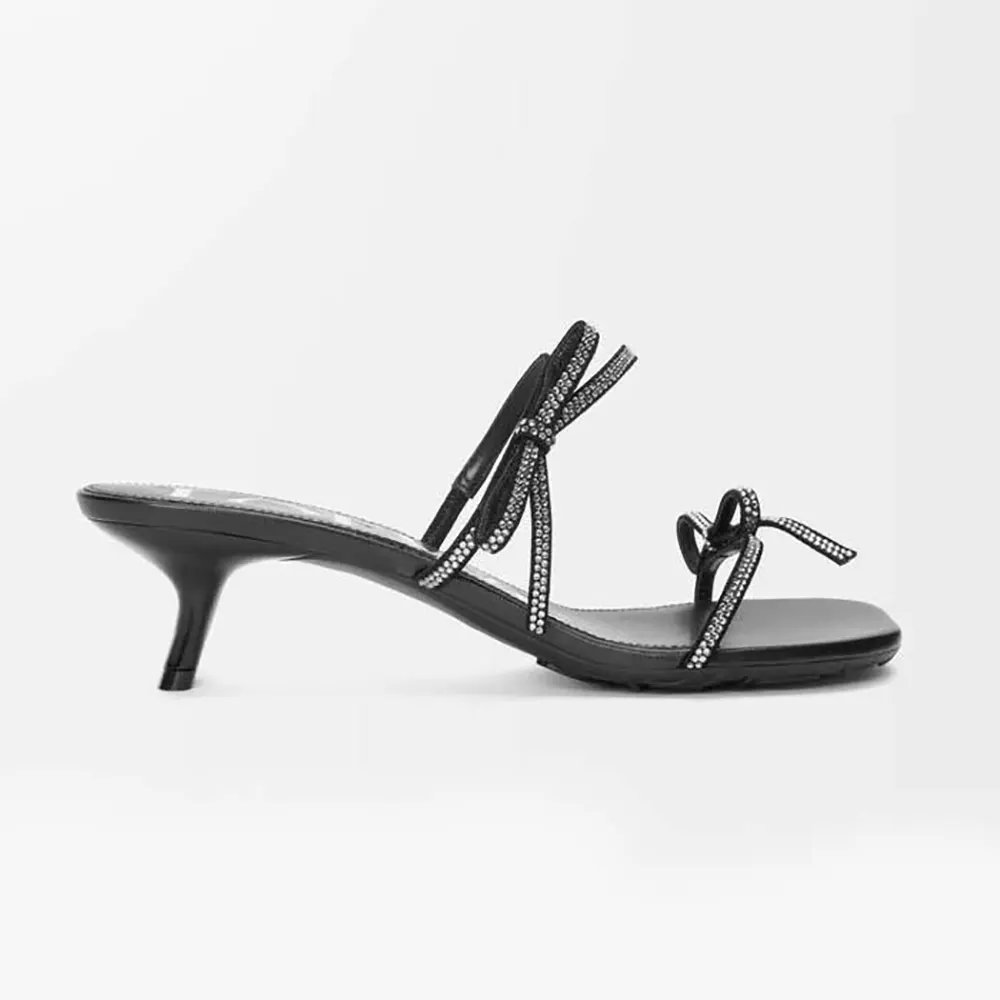Side view of Loewe Women Petal Sandal in Suede and Rhinestones-Black