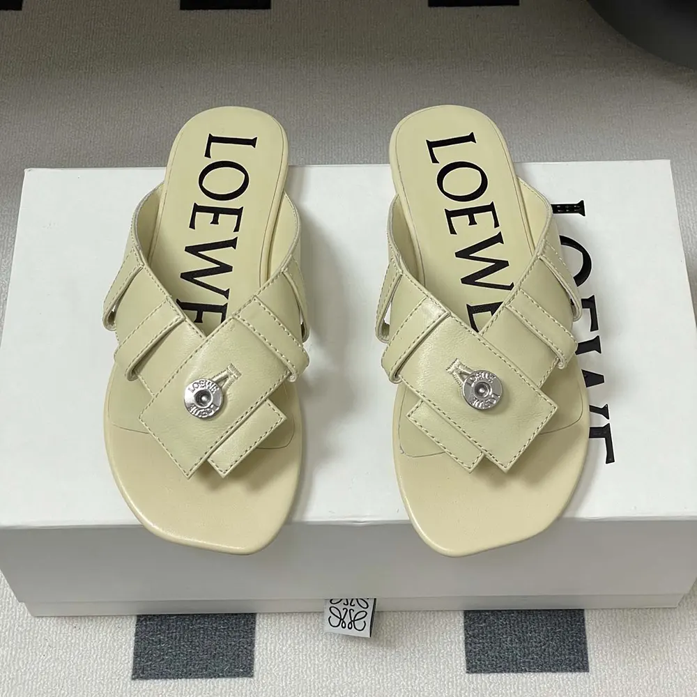 Close-up detail of lambskin texture on Loewe Toy Panta sandal