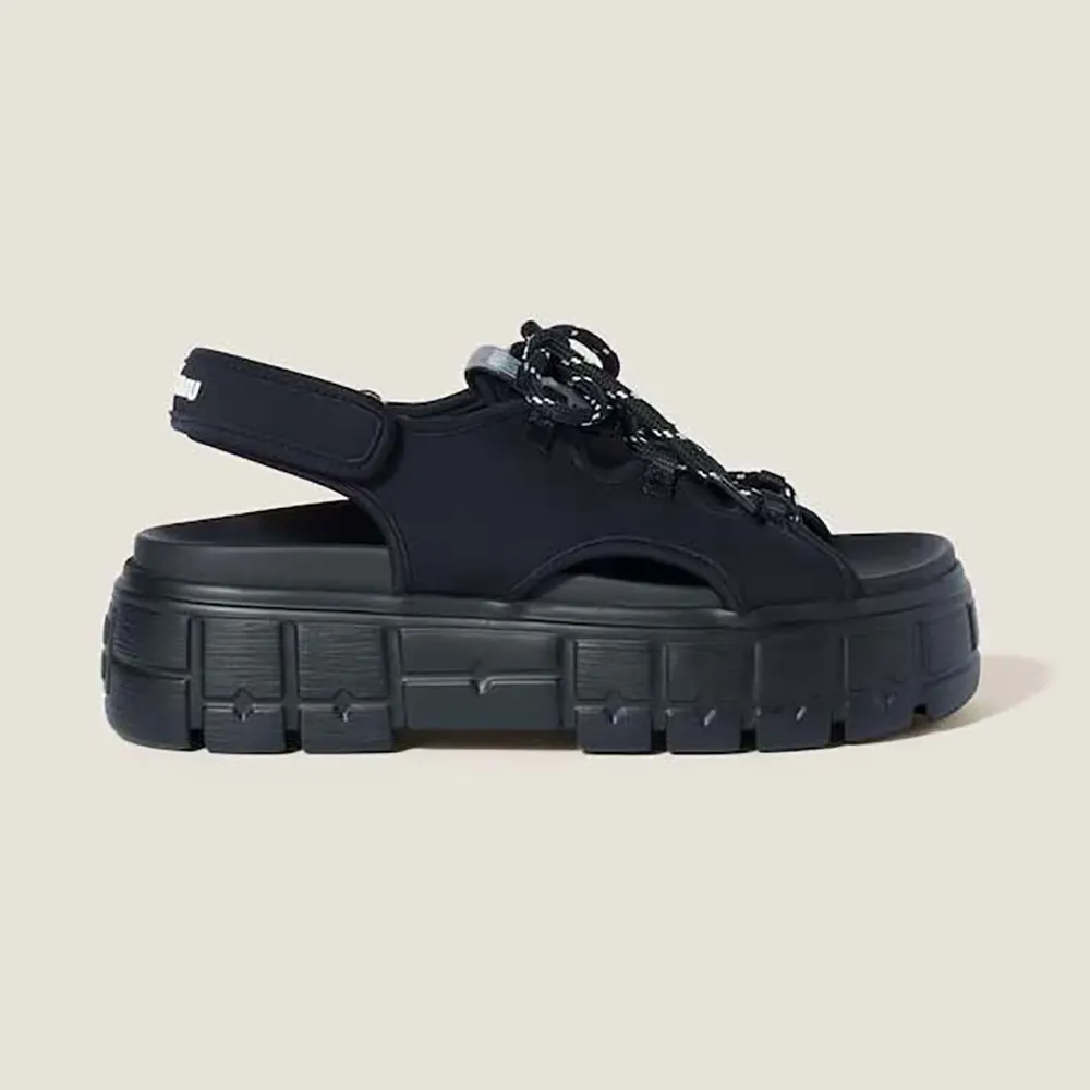 Side view of Miu Miu Women Chunky Neoprene Sandals in black