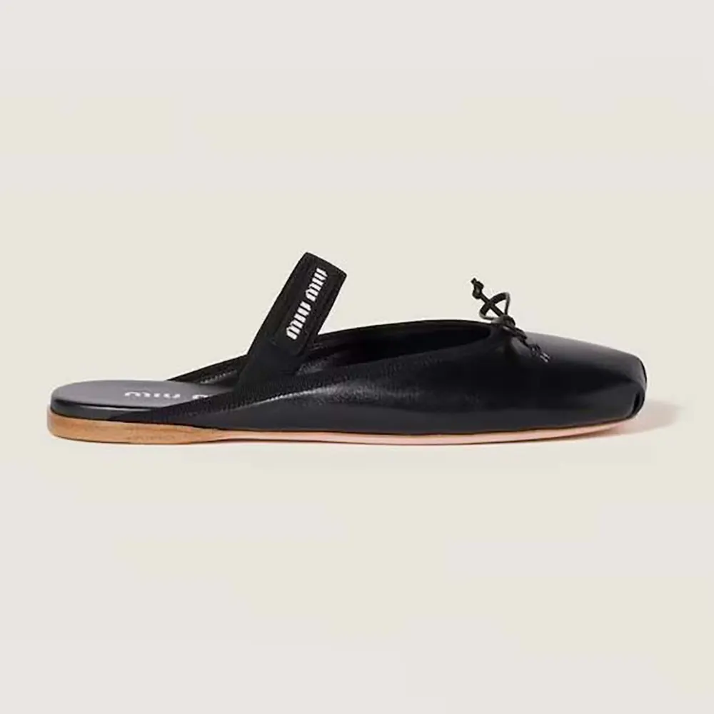 Side view of Miu Miu Women Leather Ballerina Mules-Black showing sleek silhouette