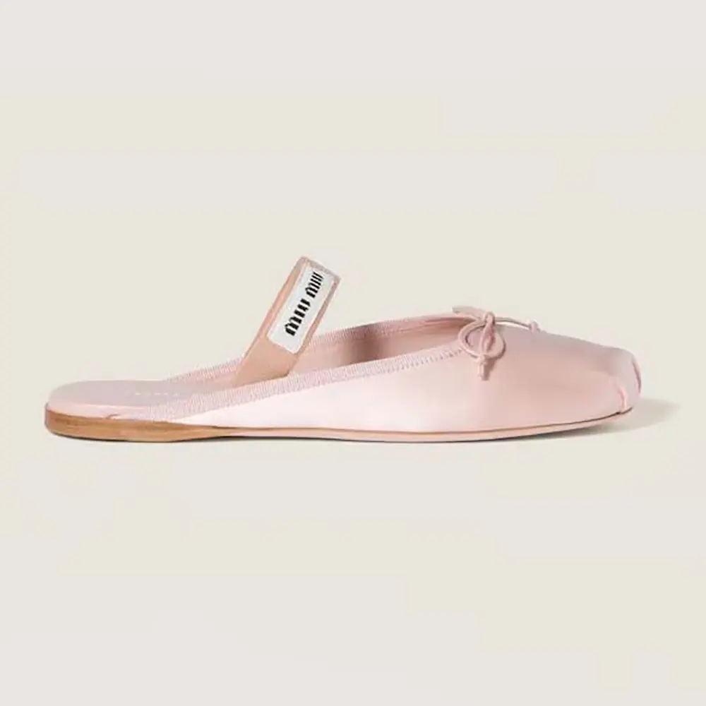 Side view of Miu Miu Women Satin Ballerina Mules-Pink showcasing sleek silhouette
