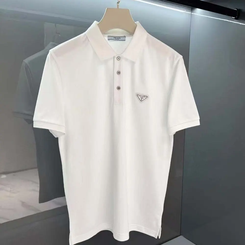 Side profile showing collar and logo on Prada Men Fleece Polo Natural Shirt