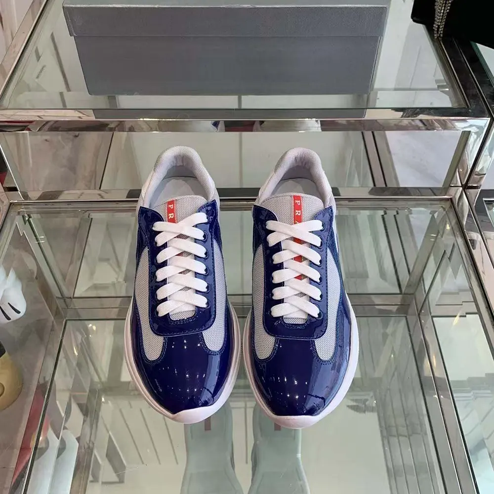 Close-up of patchwork detail on Prada Unisex America’s Cup Patent Leather Sneakers