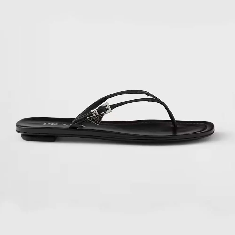 Side view of Prada Women Leather Thong Sandals-Black showing silhouette