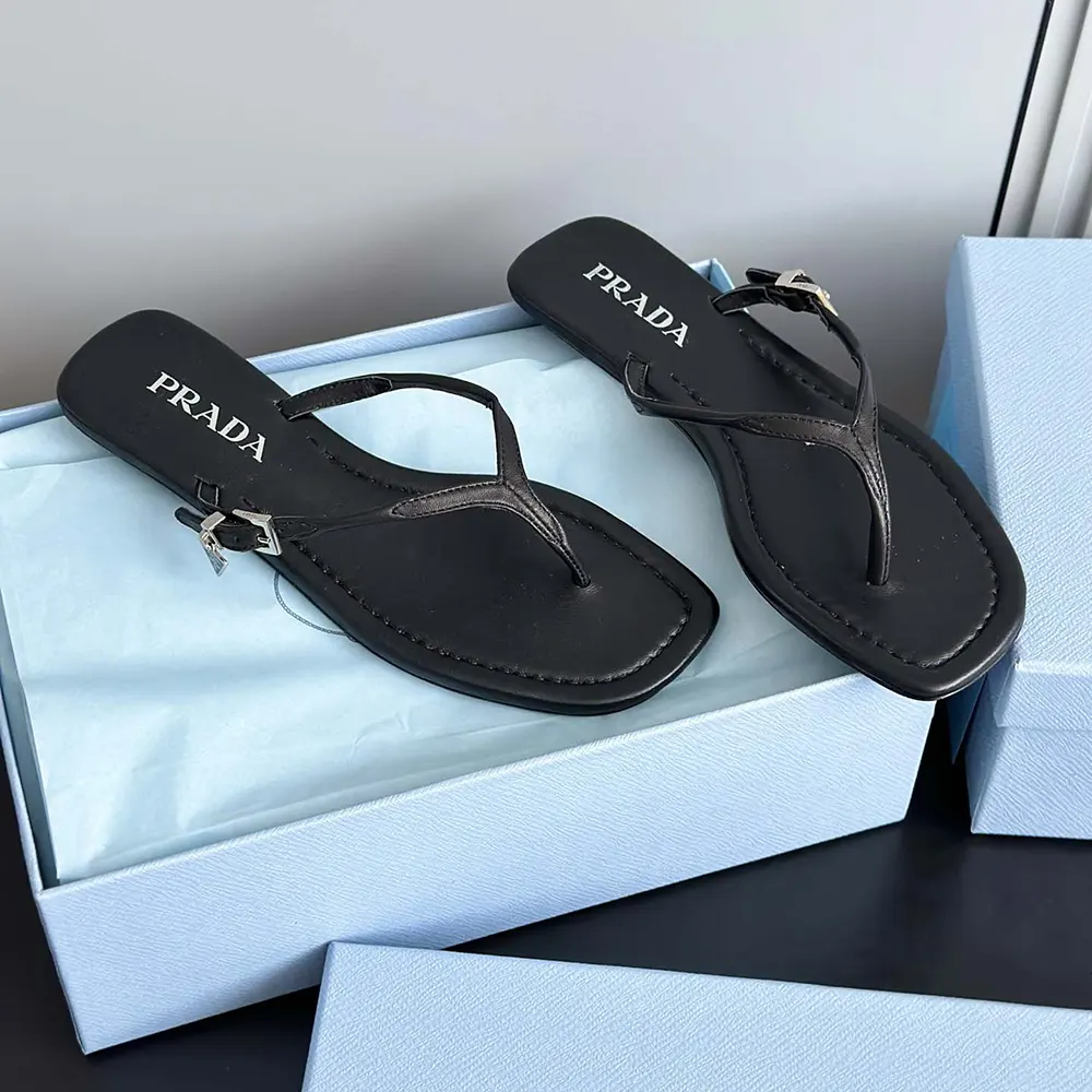 Prada Women Leather Thong Sandals-Black - image 6