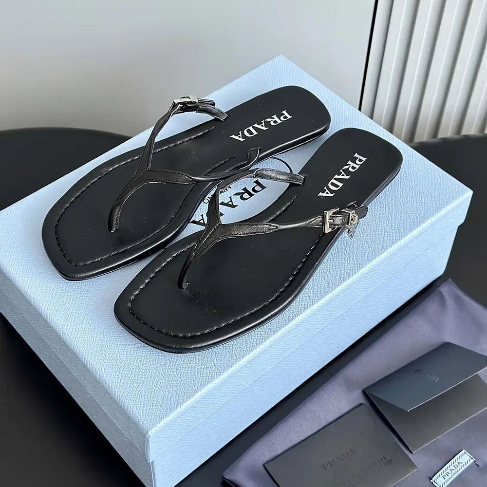 Prada Women Leather Thong Sandals-Black - image 4