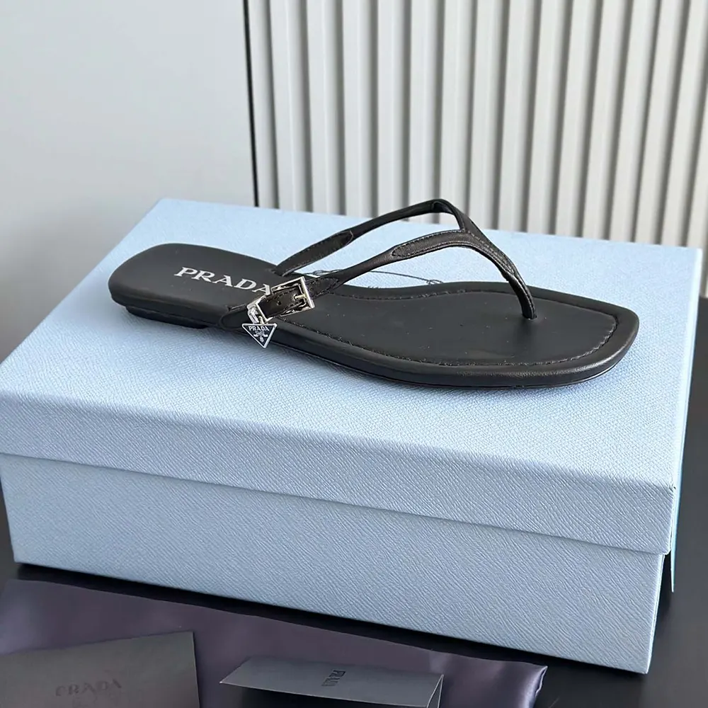 Prada Women Leather Thong Sandals-Black - image 9