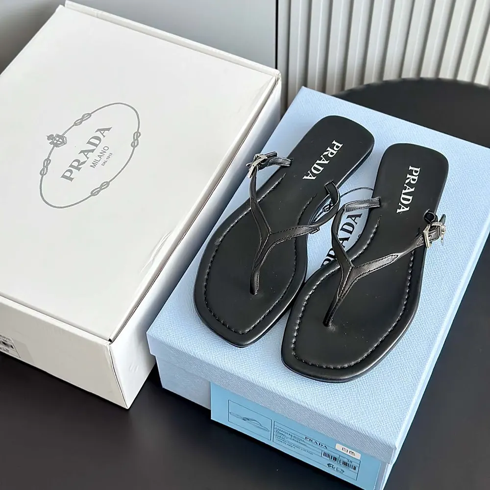 Prada Women Leather Thong Sandals-Black - image 5