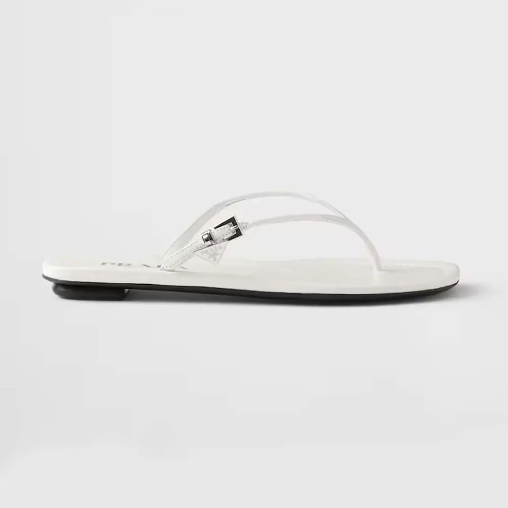 Front view of Prada Women Leather Thong Sandals-White showcasing sleek straps