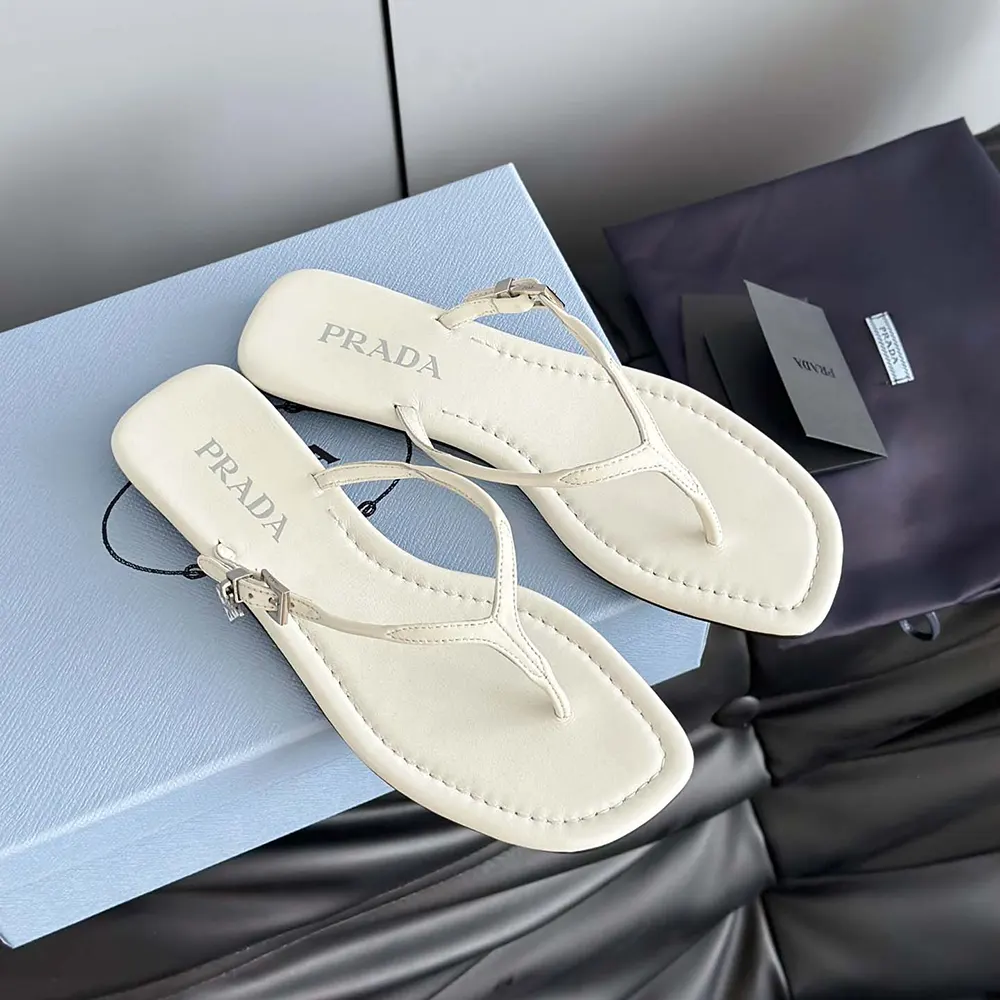 Prada Women Leather Thong Sandals-White - image 4