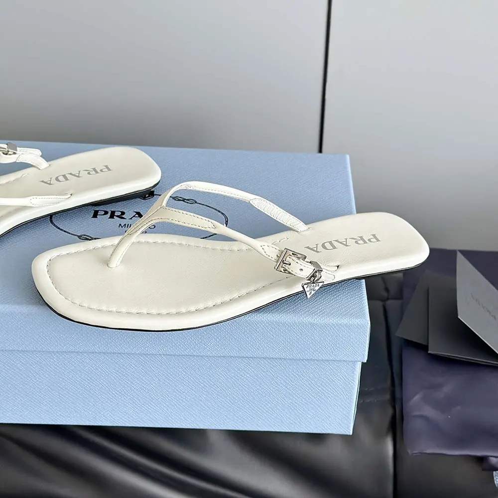 Prada Women Leather Thong Sandals-White - image 9