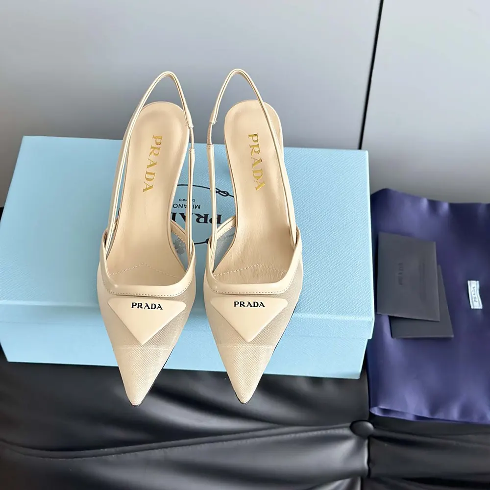 Prada Women Mesh Fabric Slingback Pumps-Beige - image 4