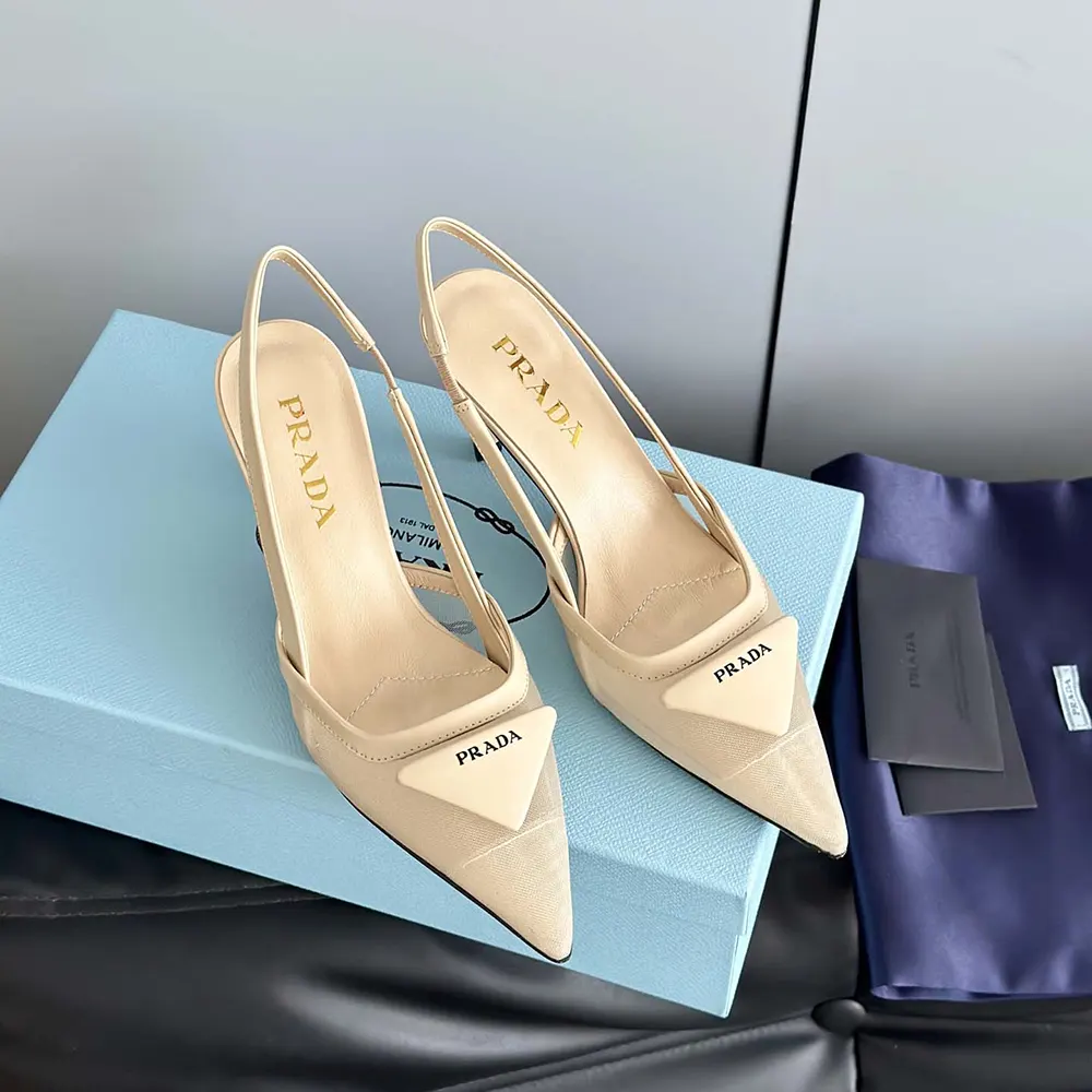 Front view of Prada Women Mesh Fabric Slingback Pumps-Beige in mesh fabric