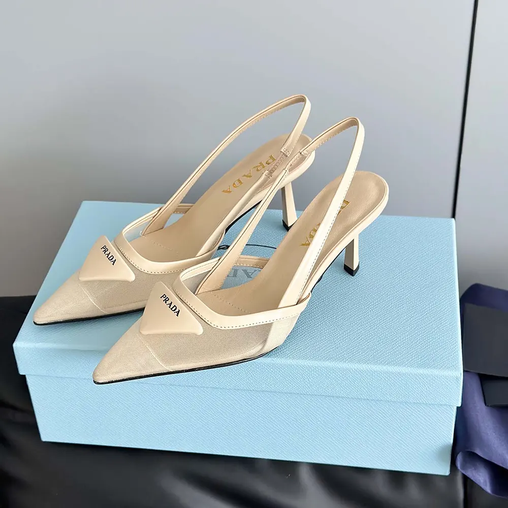 Prada Women Mesh Fabric Slingback Pumps-Beige - image 6