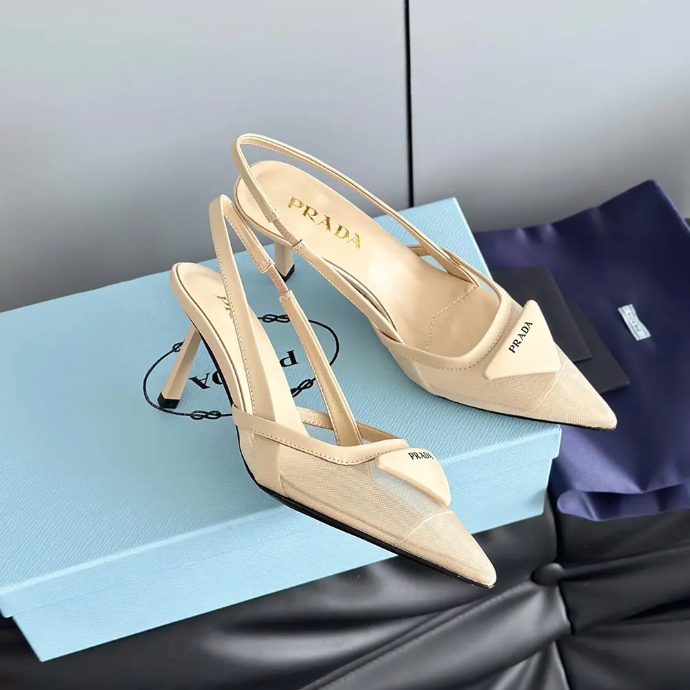 Prada Women Mesh Fabric Slingback Pumps-Beige - image 8