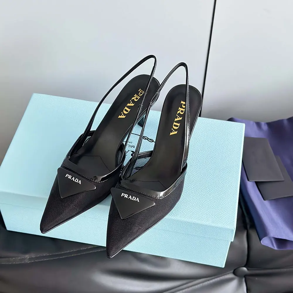 Top angle of Prada Women Mesh Fabric Slingback Pumps-Black highlighting pointed toe