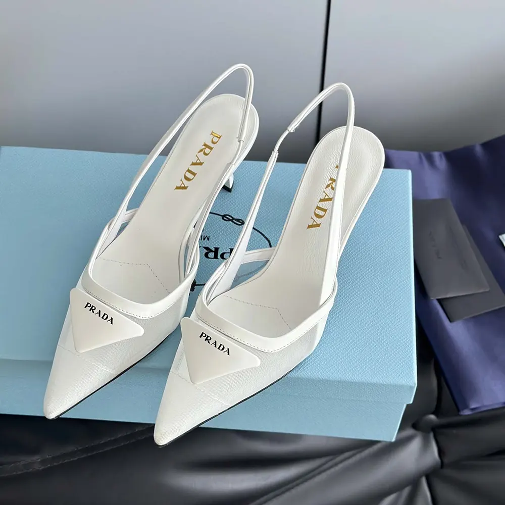 Rear view of Prada Women Mesh Fabric Slingback Pumps-White with strap