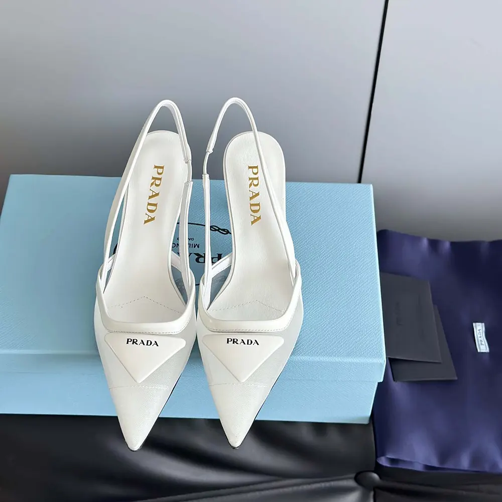 Close-up of white mesh and leather detail on Prada Women Slingback Pumps