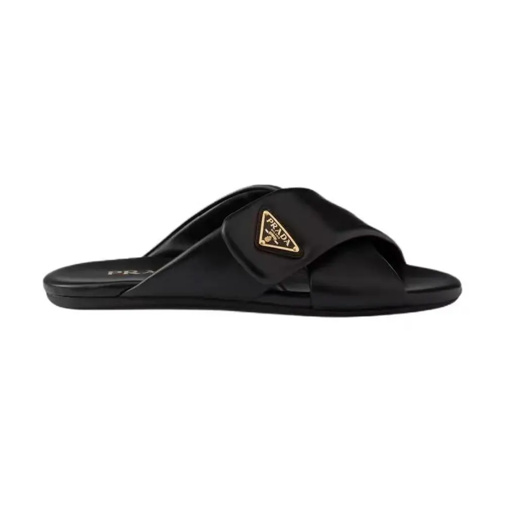 Side angle of Prada Women Nappa Leather Slides-Black showing profile