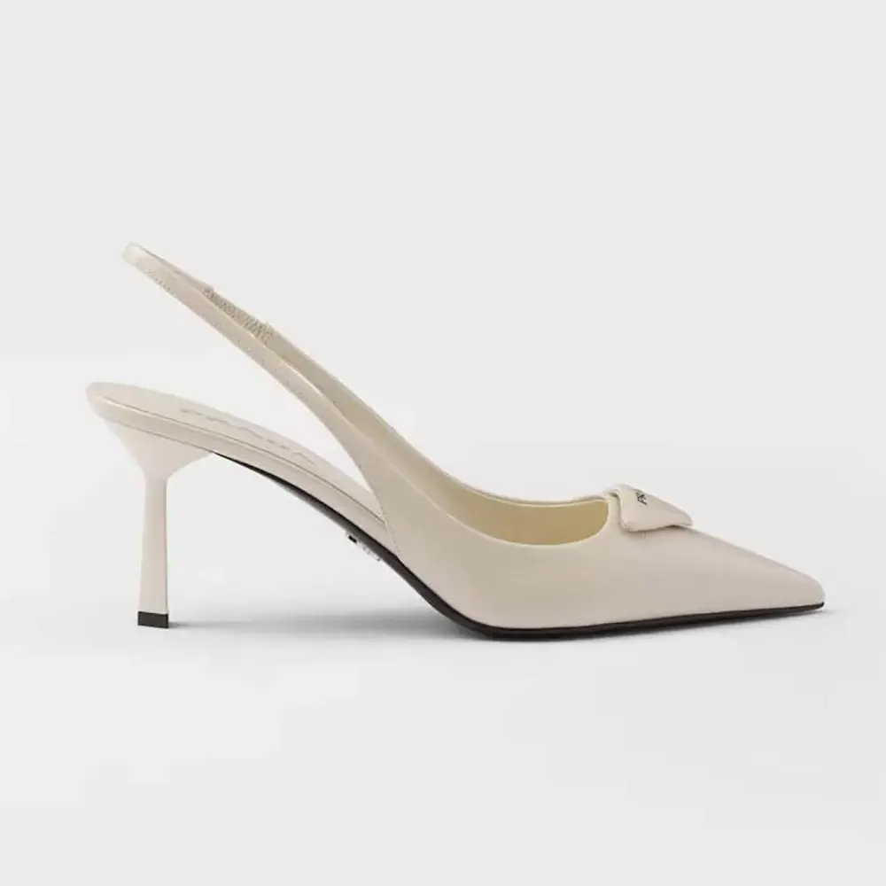Side view of Prada Women Saffiano Patent Leather Slingback Pumps-White