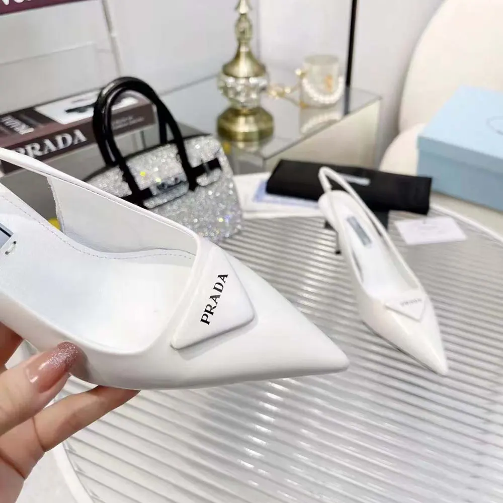 Prada Women Saffiano Patent Leather Slingback Pumps-White - image 7