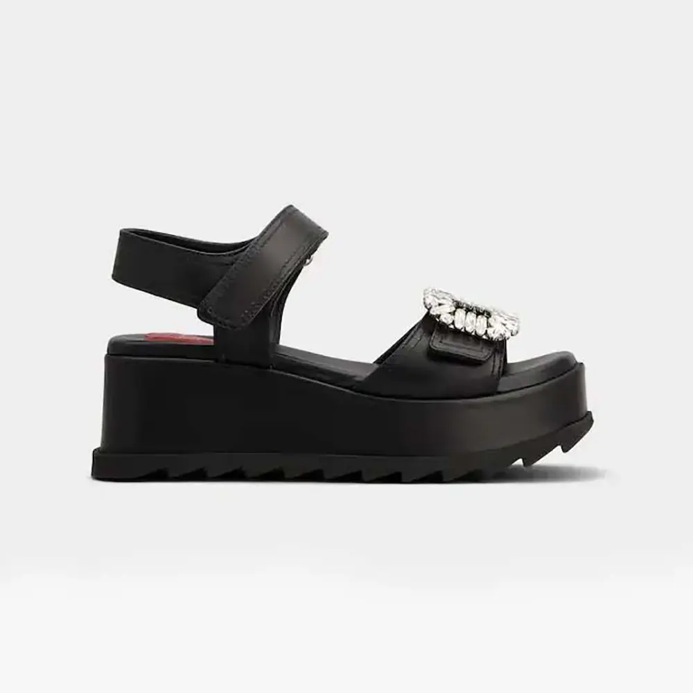 Side profile of Roger Vivier Women Slidy Viv’ Wedge Sandals in Leather-Black