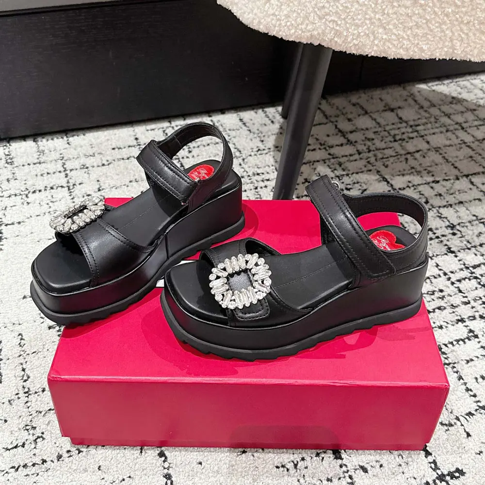 Top view showing smooth black leather and wedge shape of Roger Vivier sandals
