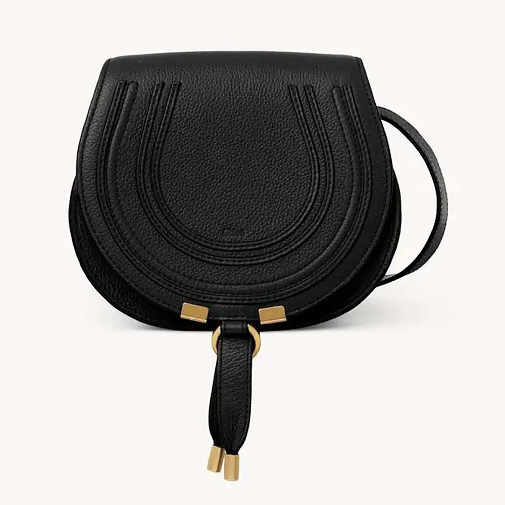Front view of Chloe Women Marcie Saddle Bag in black leather