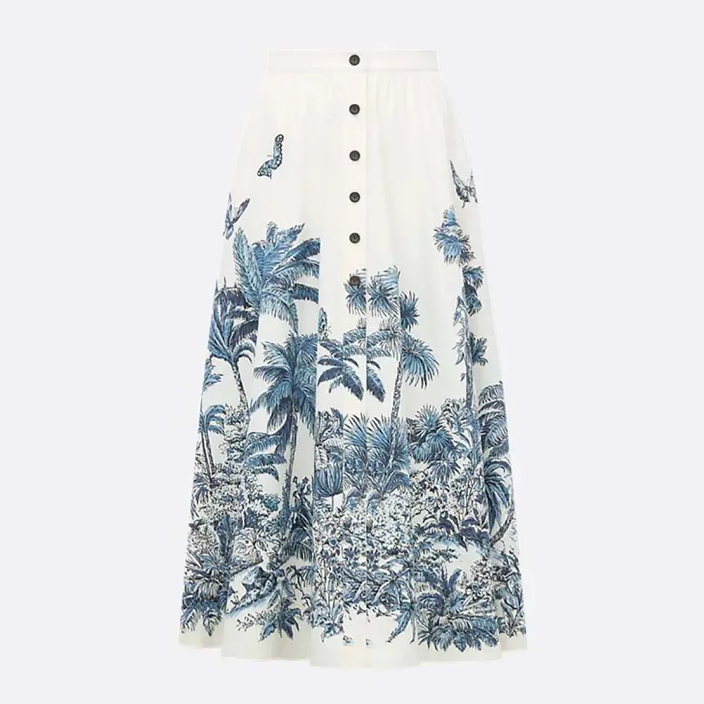 Front view of Dior Women Dioriviera Mid-Length Flared Skirt White and Blue Toile de Jouy