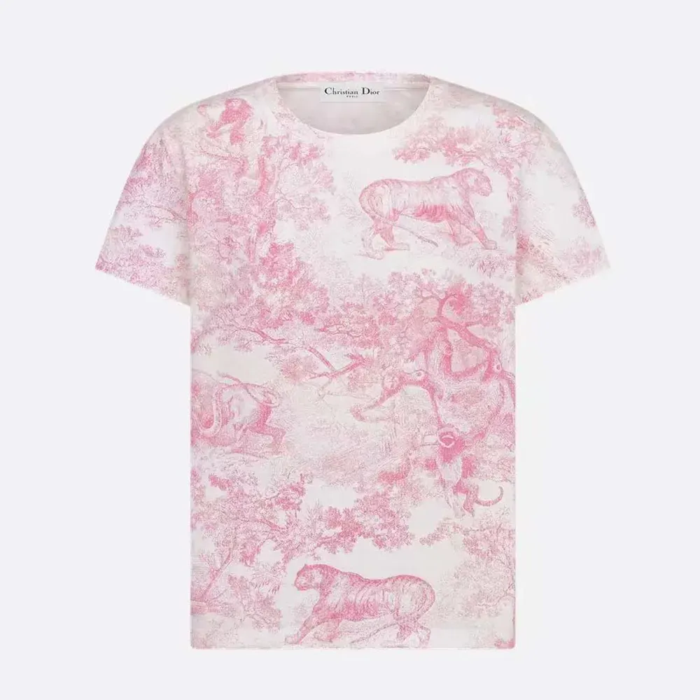 Front view of Dior Women Dioriviera T-Shirt in pink cotton linen